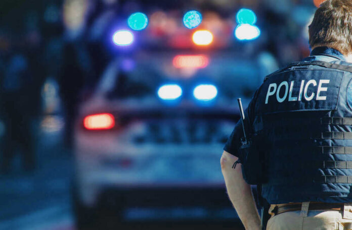 Police officer and vehicle with flashing lights.