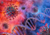 Coronavirus particles and DNA strands in a colorful background.