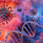 Coronavirus particles and DNA strands in a colorful background.