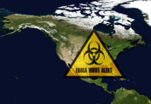 Ebola Exposure: Are Americans at Risk? North America map with biohazard warning triangle overlay
