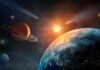 A cosmic scene featuring planets, stars, and a bright sun