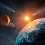 A cosmic scene featuring planets, stars, and a bright sun