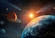 A cosmic scene featuring planets, stars, and a bright sun