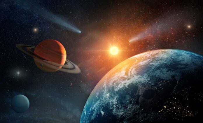 A cosmic scene featuring planets, stars, and a bright sun