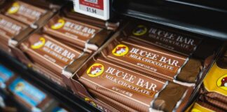 Display of Buc-ee's milk chocolate bars on a store shelf