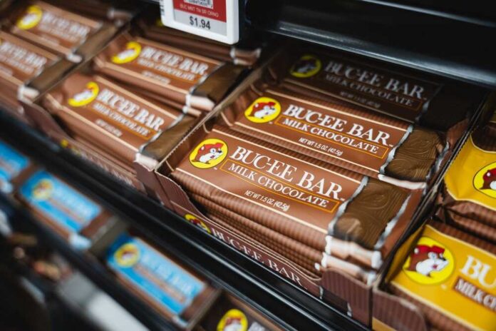 Display of Buc-ee's milk chocolate bars on a store shelf