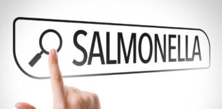 A hand pointing towards the word 'SALMONELLA' with a magnifying glass icon