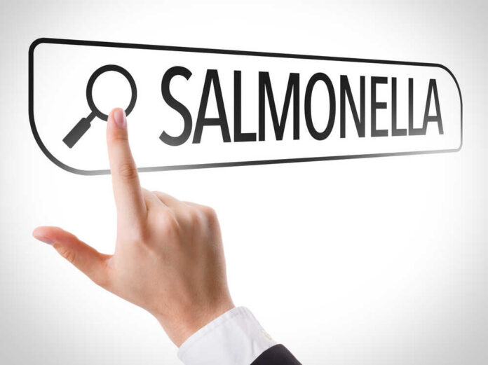 A hand pointing towards the word 'SALMONELLA' with a magnifying glass icon