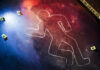 Crime scene chalk outline with numbered evidence markers.