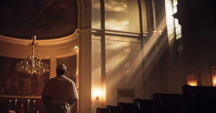 A clergy member standing in a church with light streaming through windows