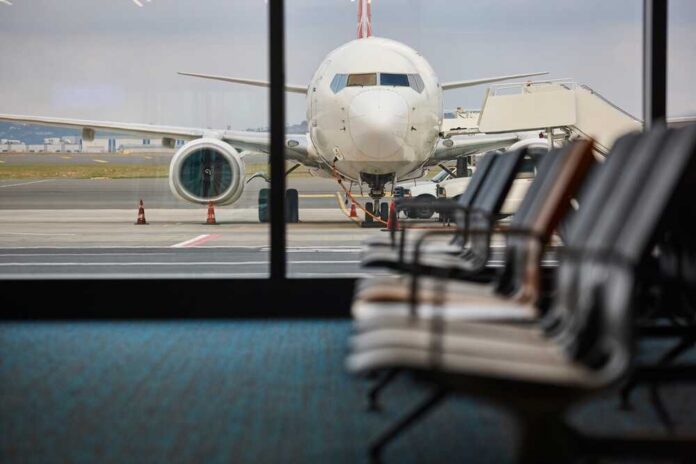 View of an airplane from an airport waiting area