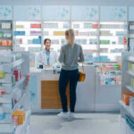 Customer talking to pharmacist at a bright pharmacy.