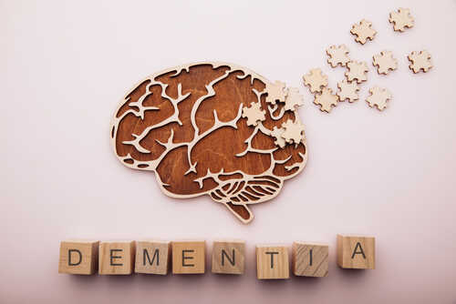 Alzheimer's,Disease,,Dementia,And,Mental,Health,Concept Wooden brain illustration with puzzle pieces and the word DEMENTIA spelled out in blocks