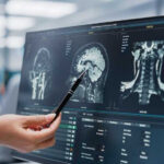 NFL Dream, Dark Autopsy Doctor pointing at brain scans on a computer screen.
