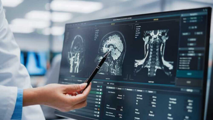 Doctor pointing at brain scans on a computer screen.