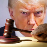 Appeals Court Slaps Trump Name Bid Gavel in front of Donald Trumps face on screen.