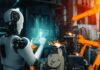 Robot Crackdown Shocks China A humanoid robot using a tablet in an industrial setting with robotic arms in action