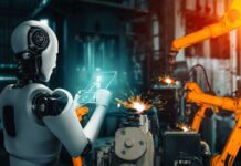 Robot Crackdown Shocks China A humanoid robot using a tablet in an industrial setting with robotic arms in action
