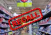 New Food Recall Sparks Inspection Concerns Blurred store aisle with RECALL stamp overlay.