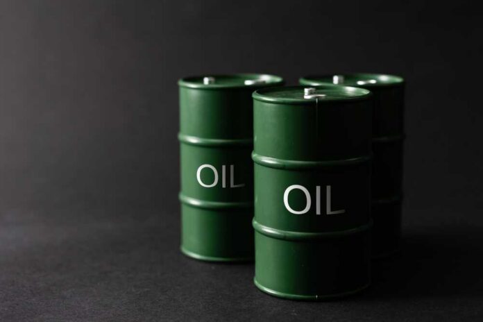 Green oil barrels on a dark background