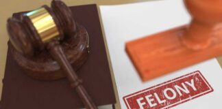 Judge's gavel on book beside paper stamped felony