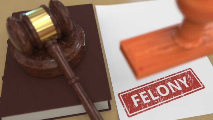 Judge,Gavel,And,Red,Felony,Stamp,On,The,Paper.,Court Judge's gavel on book beside paper stamped felony