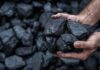 Hands holding several pieces of black coal against a background of more coal