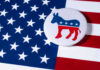 Blue Wave? Not So Fast! Democratic donkey button on American flag background.