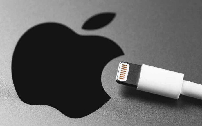 Apple logo next to white Lightning cable.