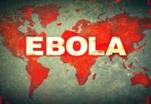 World map with bold Ebola text over red outbreak theme