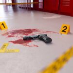 Handgun on a blood-stained floor with evidence markers in a locker room