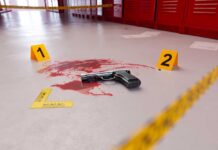 Handgun on a blood-stained floor with evidence markers in a locker room