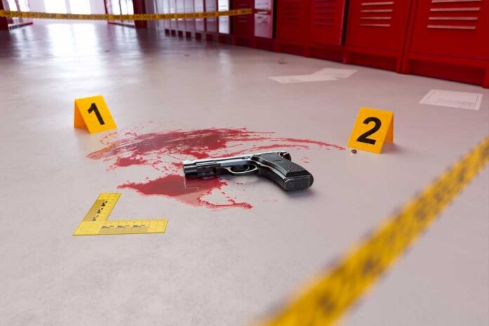 A,Haunting,3d,Rendering,Of,An,Abandoned,Weapon,In,A Handgun on a blood-stained floor with evidence markers in a locker room