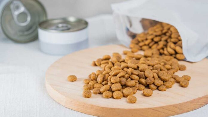 Dry pet food kibble spilling from a pouch onto a wooden board