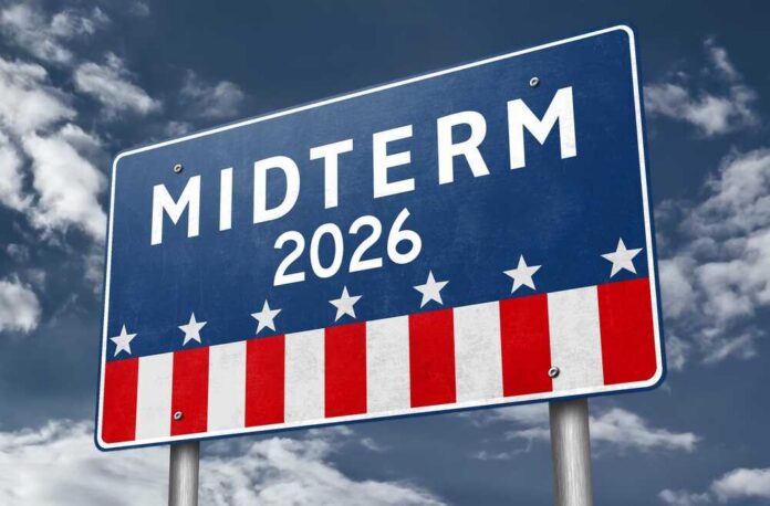 Midterm,Election,2026,In,United,States Election sign reading Midterm 2026 against a cloudy sky