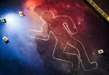 Football Kingpin Gunned Down at Home Crime scene chalk outline with numbered evidence markers.