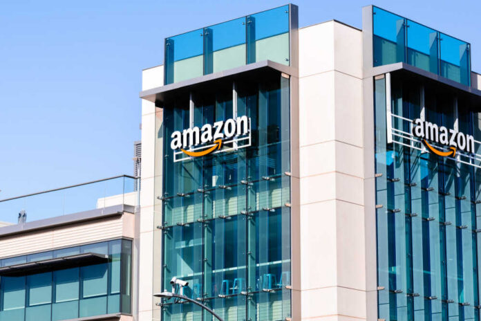 Exterior view of an Amazon corporate building with a glass facade