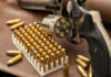 Revolver and bullets on a leather surface.