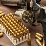 Revolver and bullets on a leather surface.
